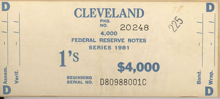 Fr.1911-D, BEP $4,000 Brick Packaging Label, 1981 Cleveland $1 FRNs, D-C Block